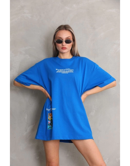 Bisiklet Yaka Baskılı Oversize T-Shirt - Mavi -