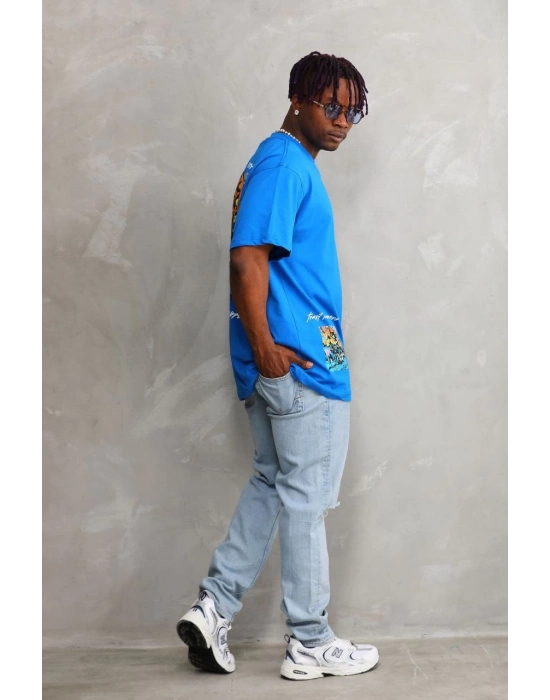 Bisiklet Yaka Baskılı Oversize T-Shirt - Mavi -