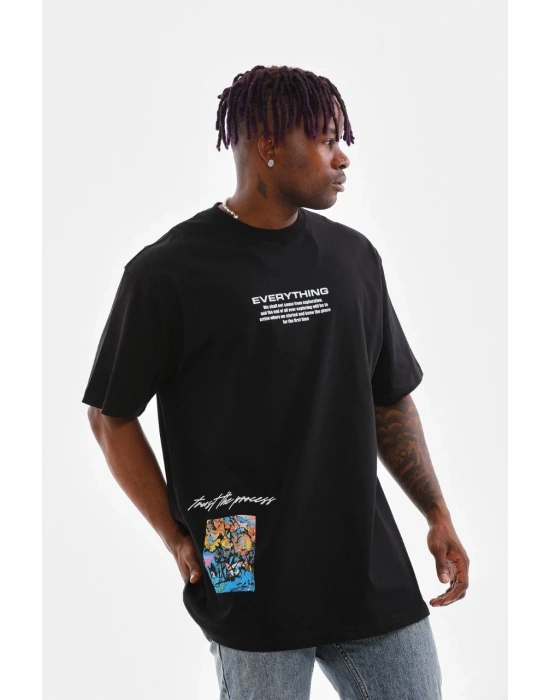 Bisiklet Yaka Baskılı Oversize T-Shirt - Siyah -