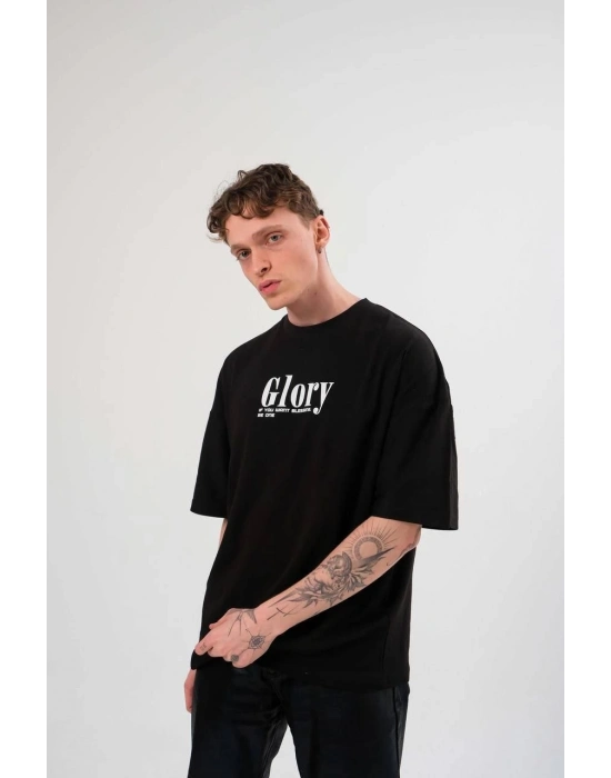 Bisiklet Yaka Baskılı Oversize T-Shirt - Siyah -