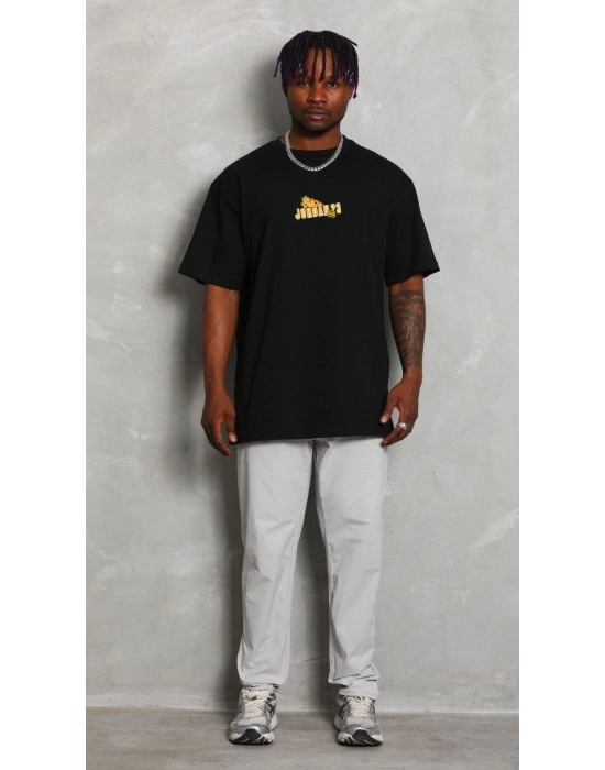 Bisiklet Yaka Baskılı Oversize T-Shirt - Siyah -