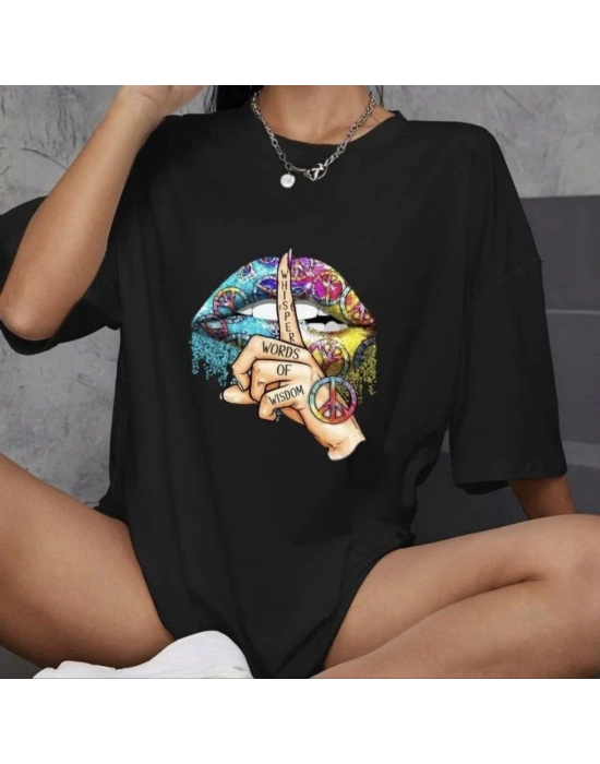 Bisiklet Yaka Baskılı Oversize T-Shirt - Siyah -