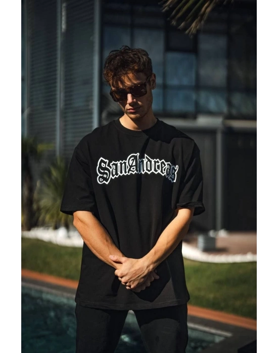 Bisiklet Yaka Baskılı Oversize T-Shirt - Siyah -