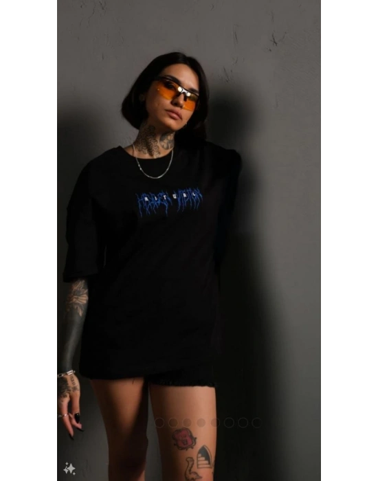 Bisiklet Yaka Baskılı Oversize T-Shirt - Siyah -