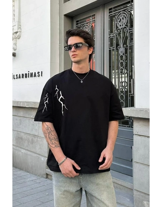 Bisiklet Yaka Baskılı Oversize T-Shirt - Siyah -