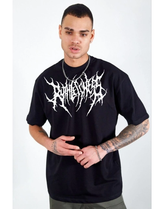 Bisiklet Yaka Baskılı Oversize T-Shirt - Siyah -