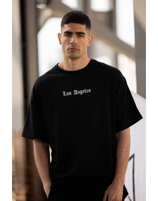 Bisiklet Yaka Baskılı Oversize T-Shirt - Siyah -