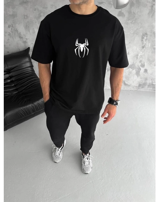 Bisiklet Yaka Baskılı Oversize T-Shirt - Siyah -