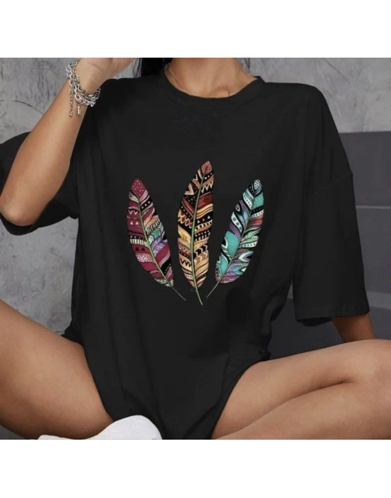 Bisiklet Yaka Baskılı Oversize T-Shirt - Siyah -