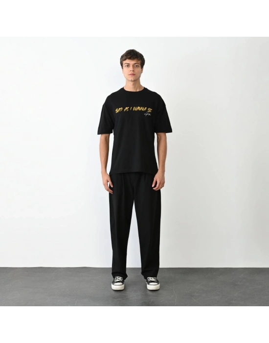 Bisiklet Yaka Baskılı Oversize T-Shirt - Siyah -