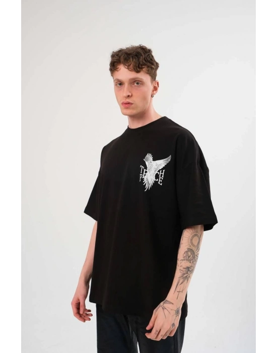 Bisiklet Yaka Baskılı Oversize T-Shirt - Siyah -