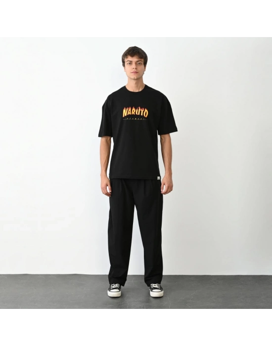 Bisiklet Yaka Baskılı Oversize T-Shirt - Siyah -