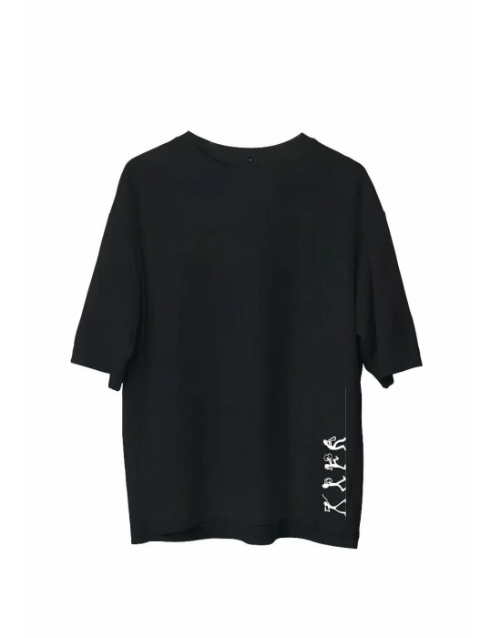 Bisiklet Yaka Baskılı Oversize T-Shirt - Siyah -
