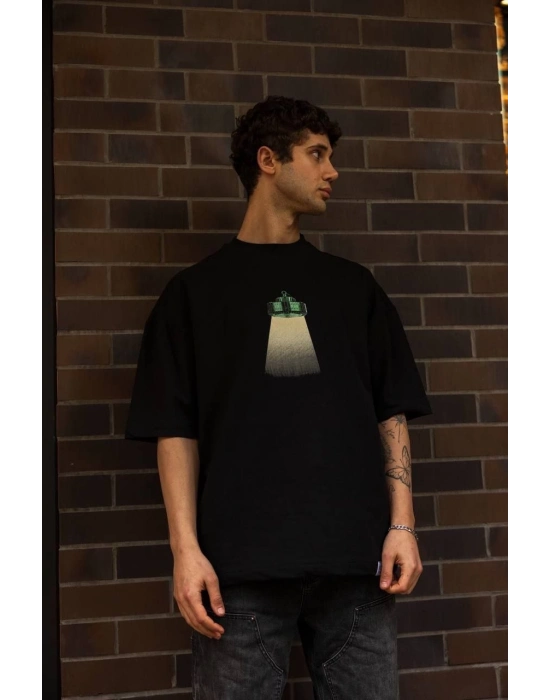 Bisiklet Yaka Baskılı Oversize T-Shirt - Siyah -