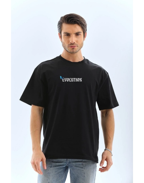 Bisiklet Yaka Baskılı Oversize T-Shirt - Siyah -