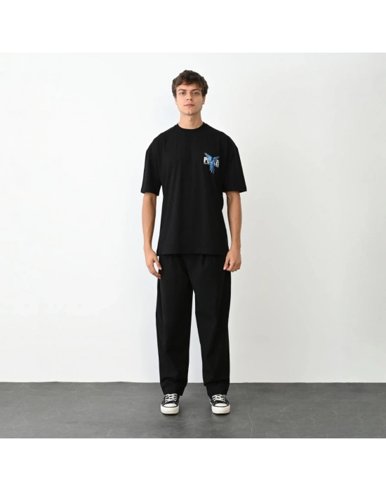 Bisiklet Yaka Baskılı Oversize T-Shirt - Siyah -