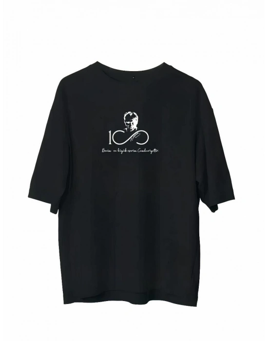 Bisiklet Yaka Baskılı Oversize T-Shirt - Siyah -