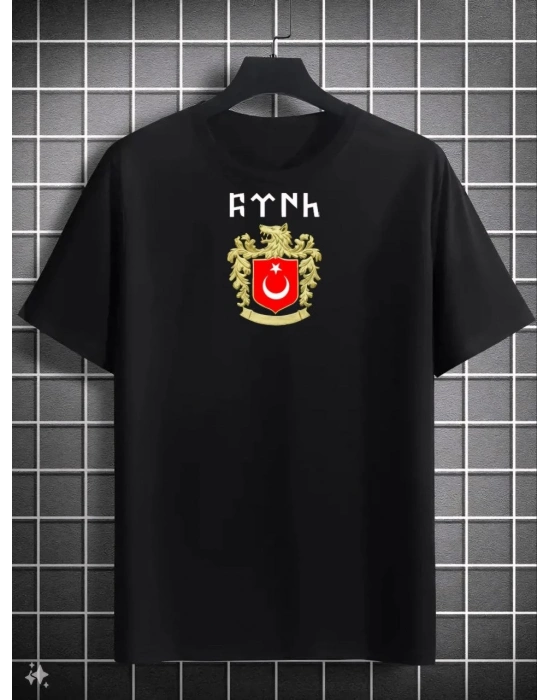 Bisiklet Yaka Baskılı Oversize T-Shirt - Siyah -