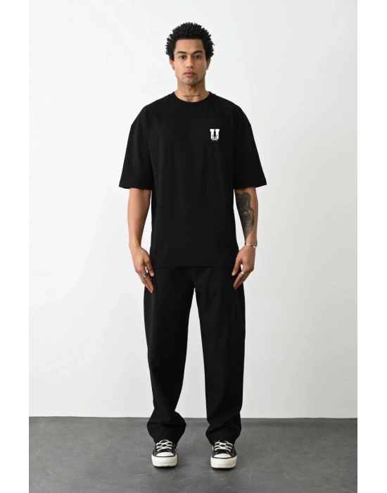 Bisiklet Yaka Baskılı Oversize T-Shirt - Siyah -