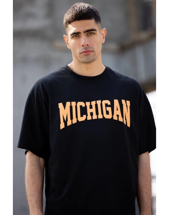 Bisiklet Yaka Baskılı Oversize T-Shirt - Siyah -