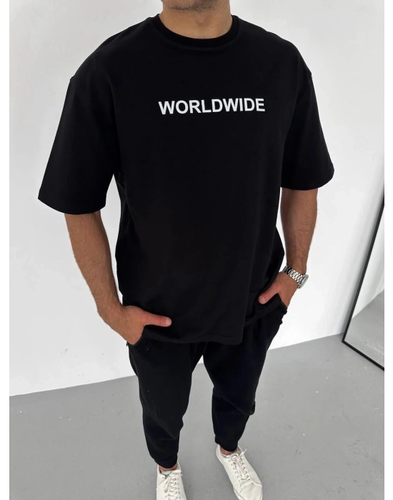 Bisiklet Yaka Baskılı Oversize T-Shirt - Siyah -