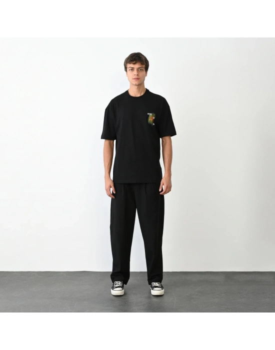 Bisiklet Yaka Baskılı Oversize T-Shirt - Siyah -