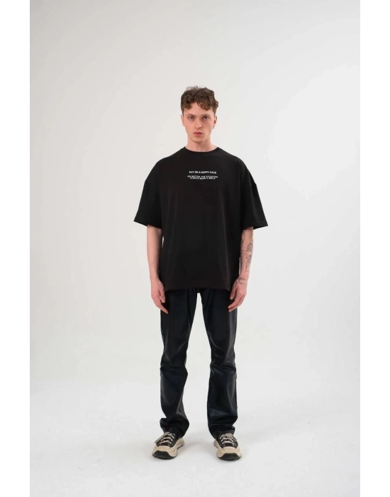 Bisiklet Yaka Baskılı Oversize T-Shirt - Siyah -