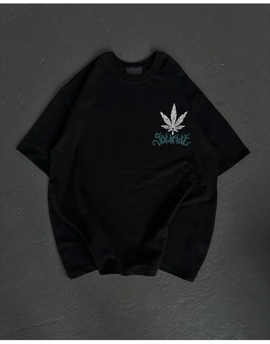 Bisiklet Yaka Baskılı Oversize T-Shirt - Siyah -