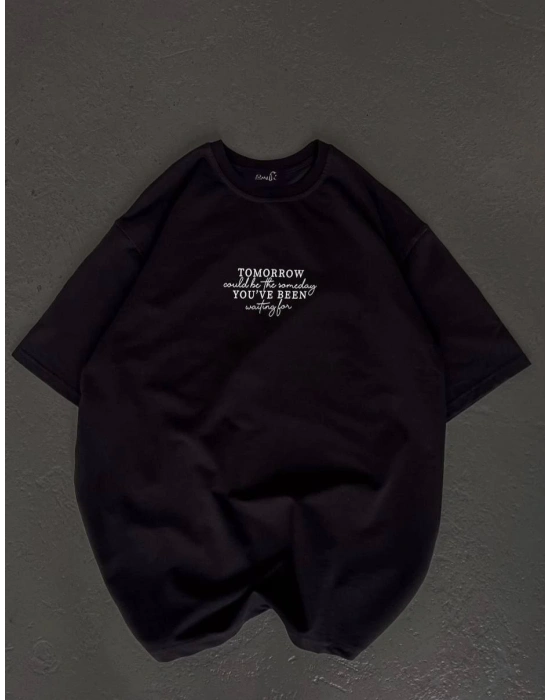 Bisiklet Yaka Baskılı Oversize T-Shirt - Siyah -