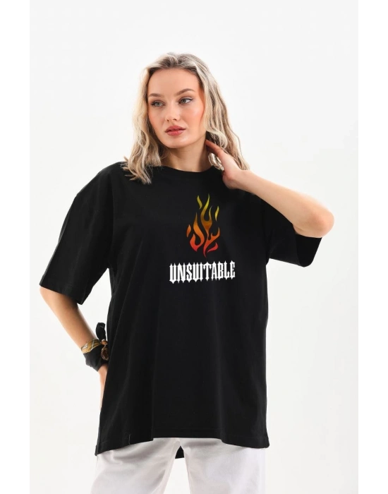 Bisiklet Yaka Baskılı Oversize T-Shirt - Siyah -