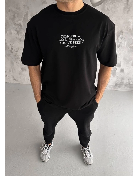 Bisiklet Yaka Baskılı Oversize T-Shirt - Siyah -