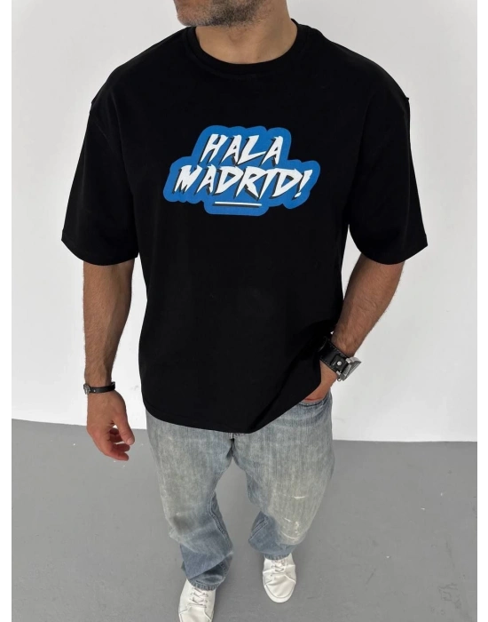 Bisiklet Yaka Baskılı Oversize T-Shirt - Siyah -