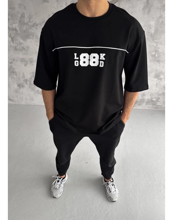 Bisiklet Yaka Baskılı Oversize T-Shirt - Siyah -