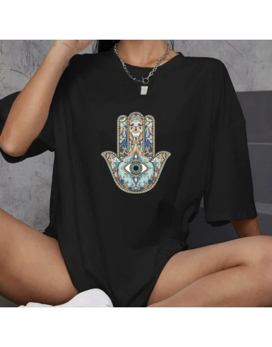 Bisiklet Yaka Baskılı Oversize T-Shirt - Siyah -