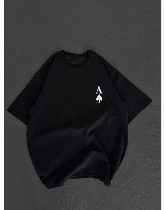 Bisiklet Yaka Baskılı Oversize T-Shirt - Siyah -