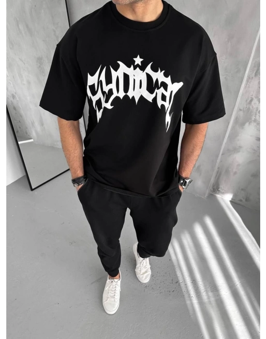 Bisiklet Yaka Baskılı Oversize T-Shirt - Siyah -