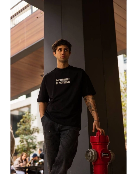 Bisiklet Yaka Baskılı Oversize T-Shirt - Siyah -