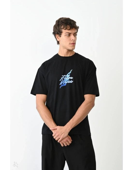 Bisiklet Yaka Baskılı Oversize T-Shirt - Siyah -