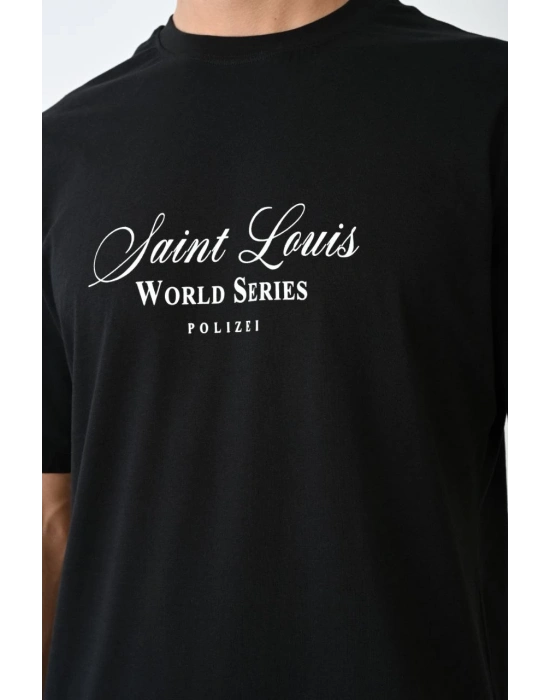 Bisiklet Yaka Baskılı Oversize T-Shirt - Siyah -