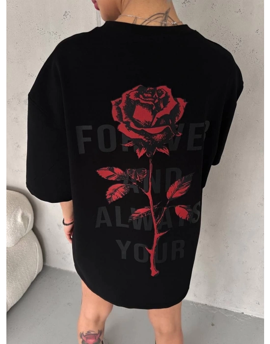 Bisiklet Yaka Baskılı Oversize T-Shirt - Siyah -