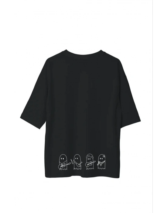 Bisiklet Yaka Baskılı Oversize T-Shirt - Siyah -