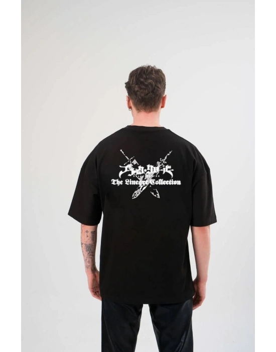 Bisiklet Yaka Baskılı Oversize T-Shirt - Siyah -