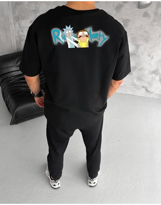 Bisiklet Yaka Baskılı Oversize T-Shirt - Siyah -