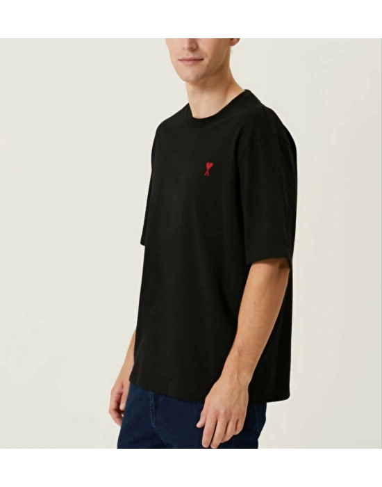 Bisiklet Yaka Baskılı Oversize T-Shirt - Siyah -