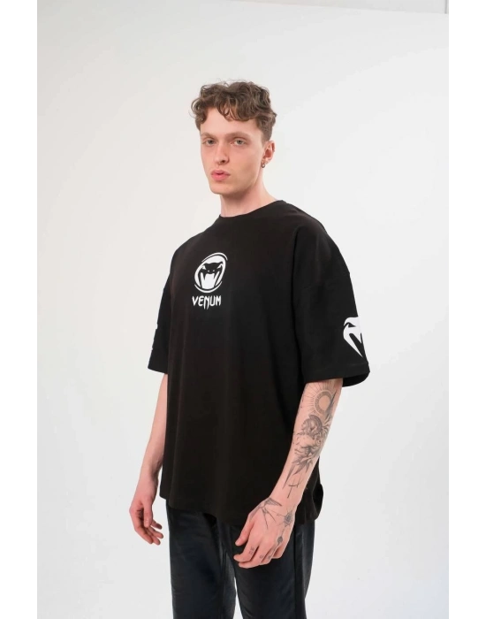 Bisiklet Yaka Baskılı Oversize T-Shirt - Siyah -