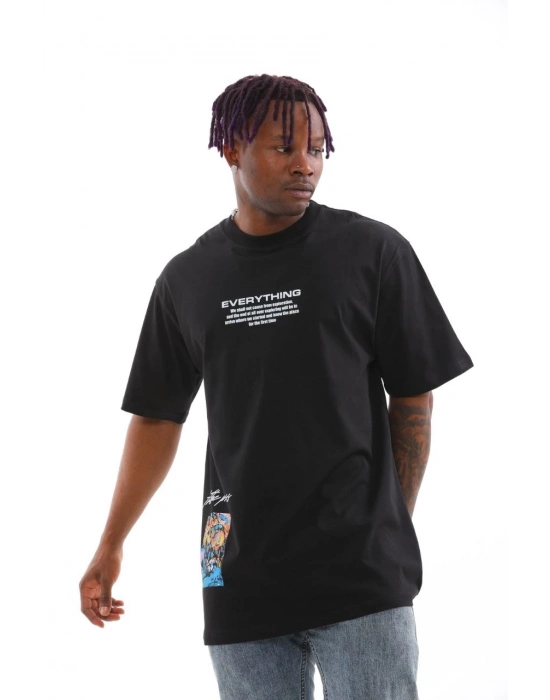 Bisiklet Yaka Baskılı Oversize T-Shirt - Siyah -