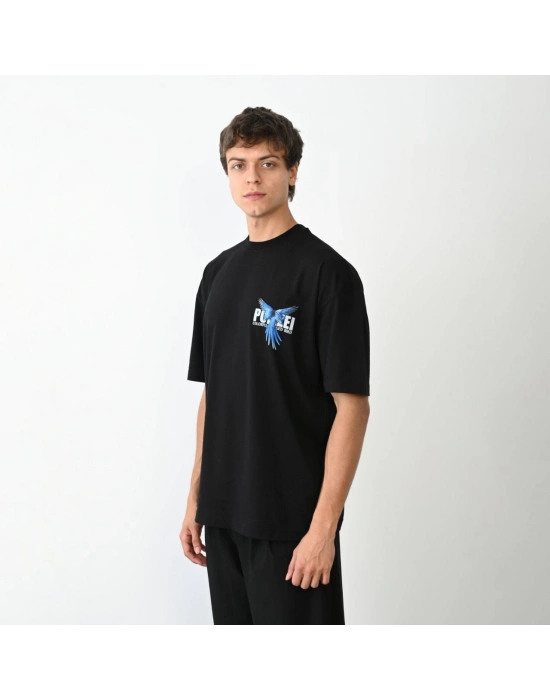 Bisiklet Yaka Baskılı Oversize T-Shirt - Siyah -