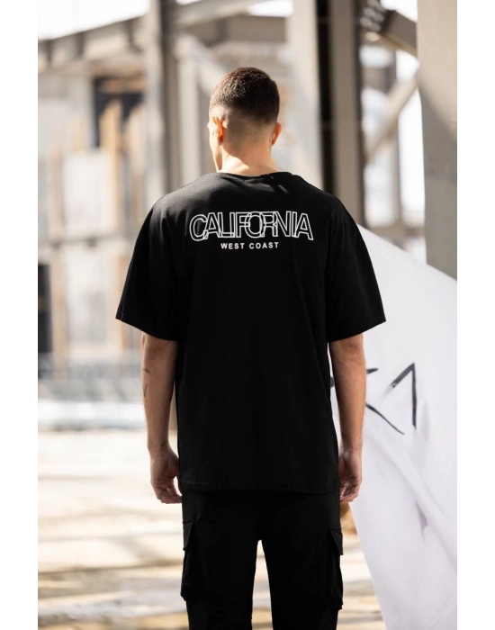 Bisiklet Yaka Baskılı Oversize T-Shirt - Siyah -