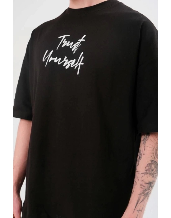 Bisiklet Yaka Baskılı Oversize T-Shirt - Siyah -