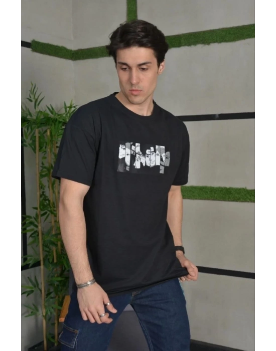 Bisiklet Yaka Baskılı Oversize T-Shirt - Siyah -